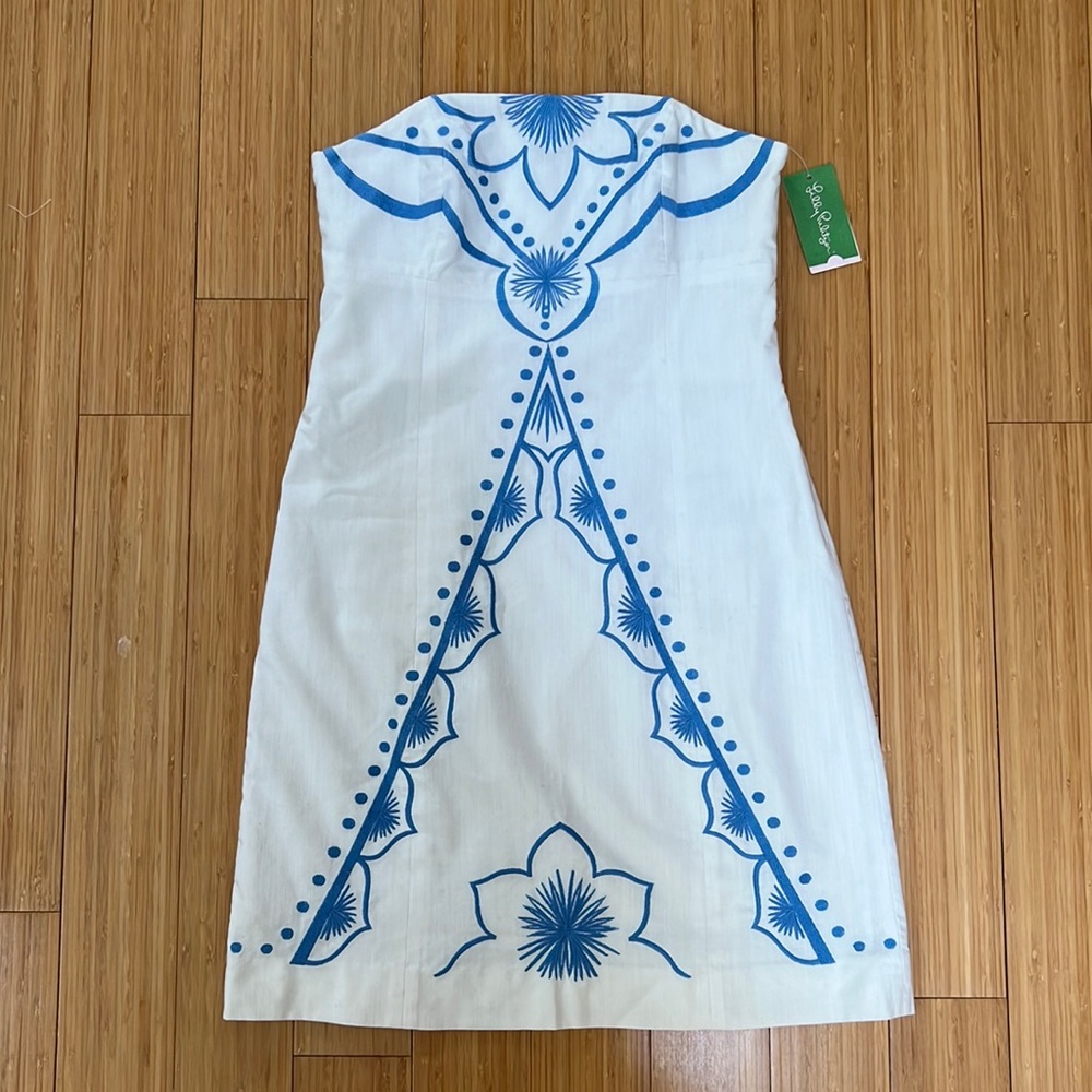 NWT Lilly Pulitzer white and blue embroidered strapless dress